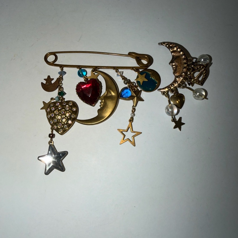 Vtg Two Muted Gold-Tone Charmed Brooch Pins